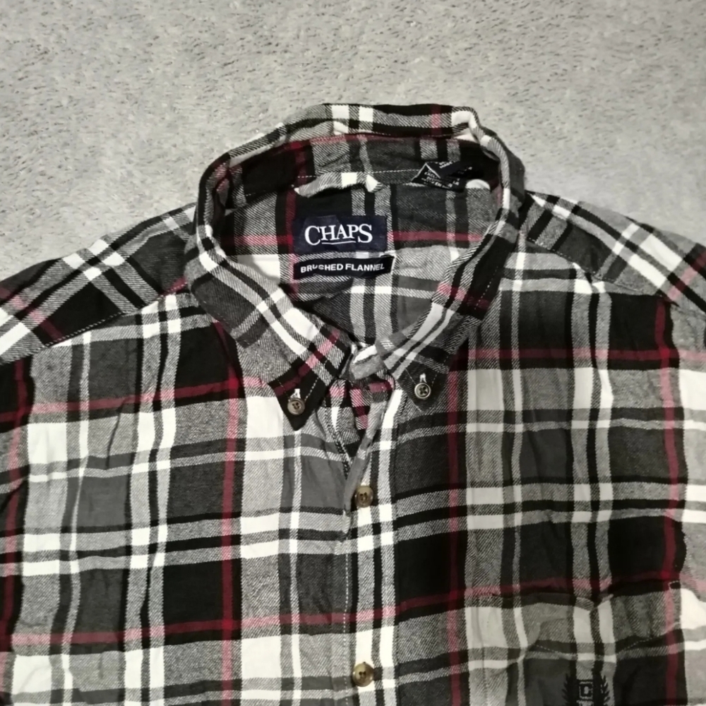 Chaps Shirt Mens L Combat Grey Flannel Plaid Embroidered Logo Button Down Pocket - Picture 8 of 13